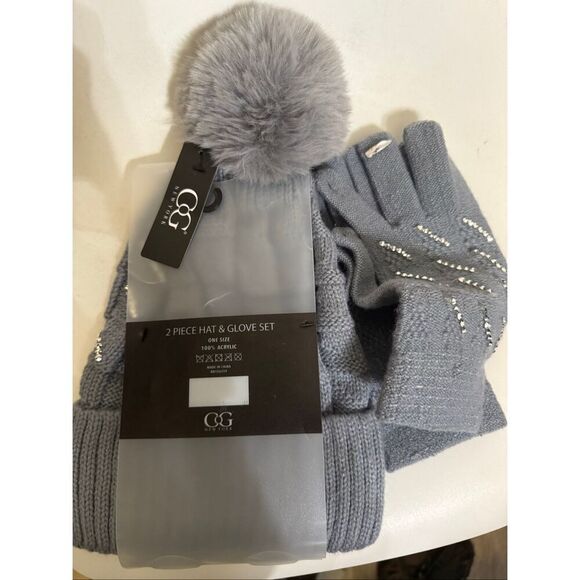 C G New York Women's Rhinestone Embellished 2Piece Hat & Glove Set Gray OS NWT - Picture 4 of 6